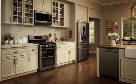 cream kitchen cabinets with black stainless steel appliances|black stainless steel kitchen colors.